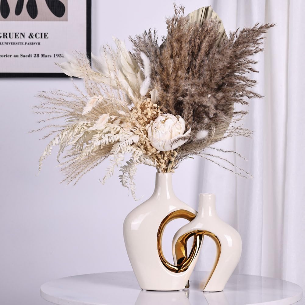 Ceramic Vase / Modern Donut & Hollow Style / White and Gold / Set of 2