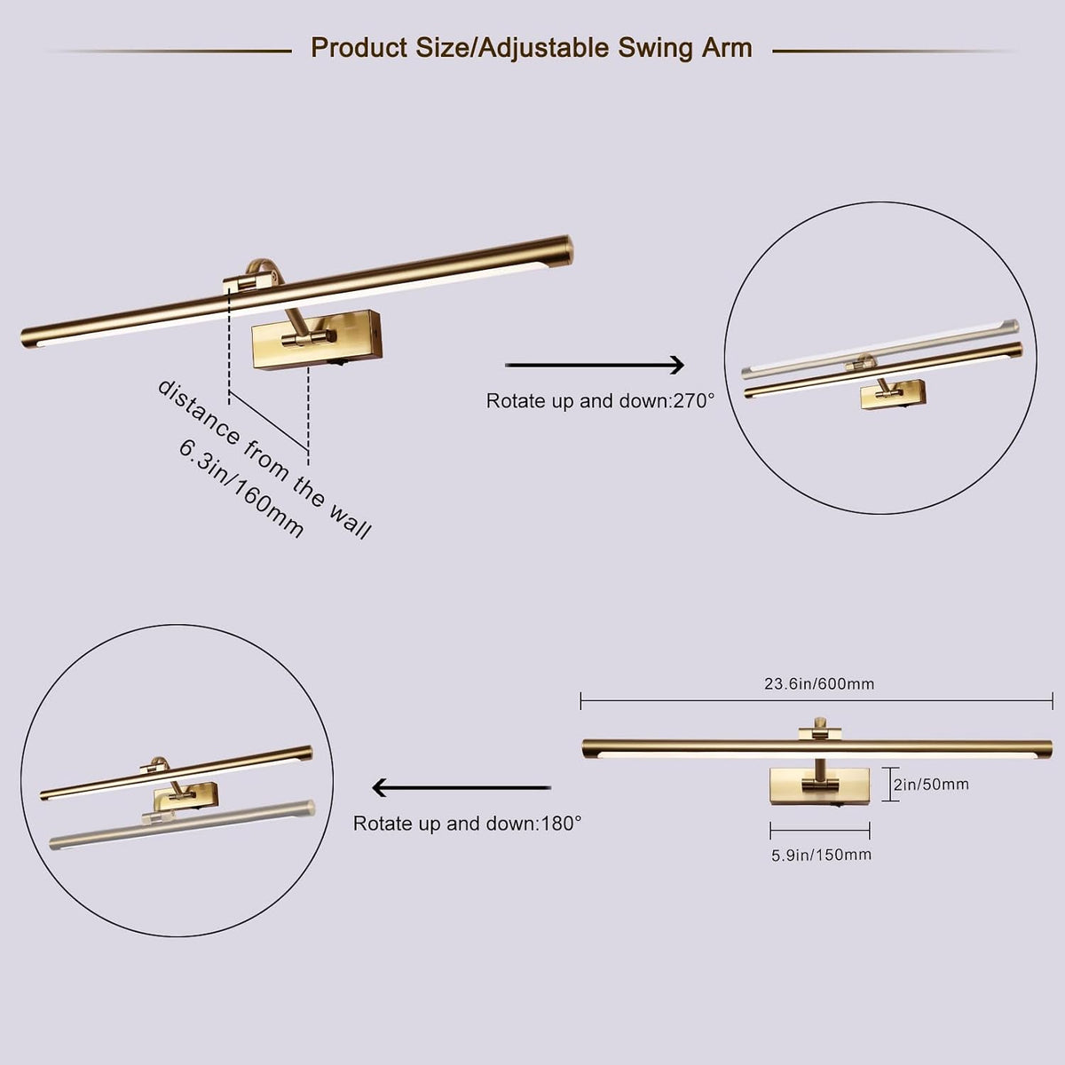 5W LED Wireless Picture Lights with Remote and Timer 23.6 Inch Rechargeable Brass Gallery Lighting Battery Operated Art