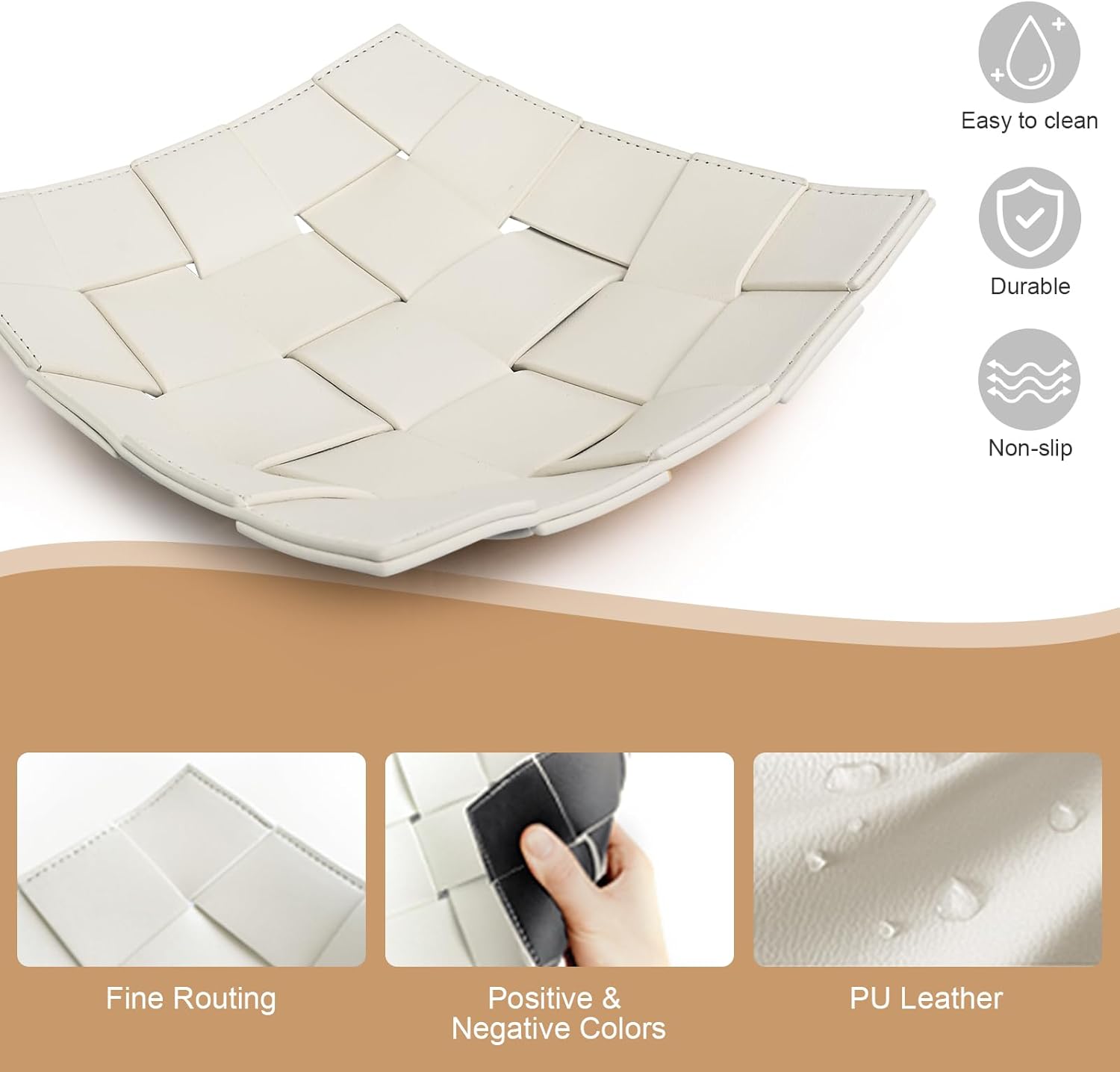 PU Leather Valet Tray for Men Women Key Holder Bowl for Entryway Table Bedside / Small White