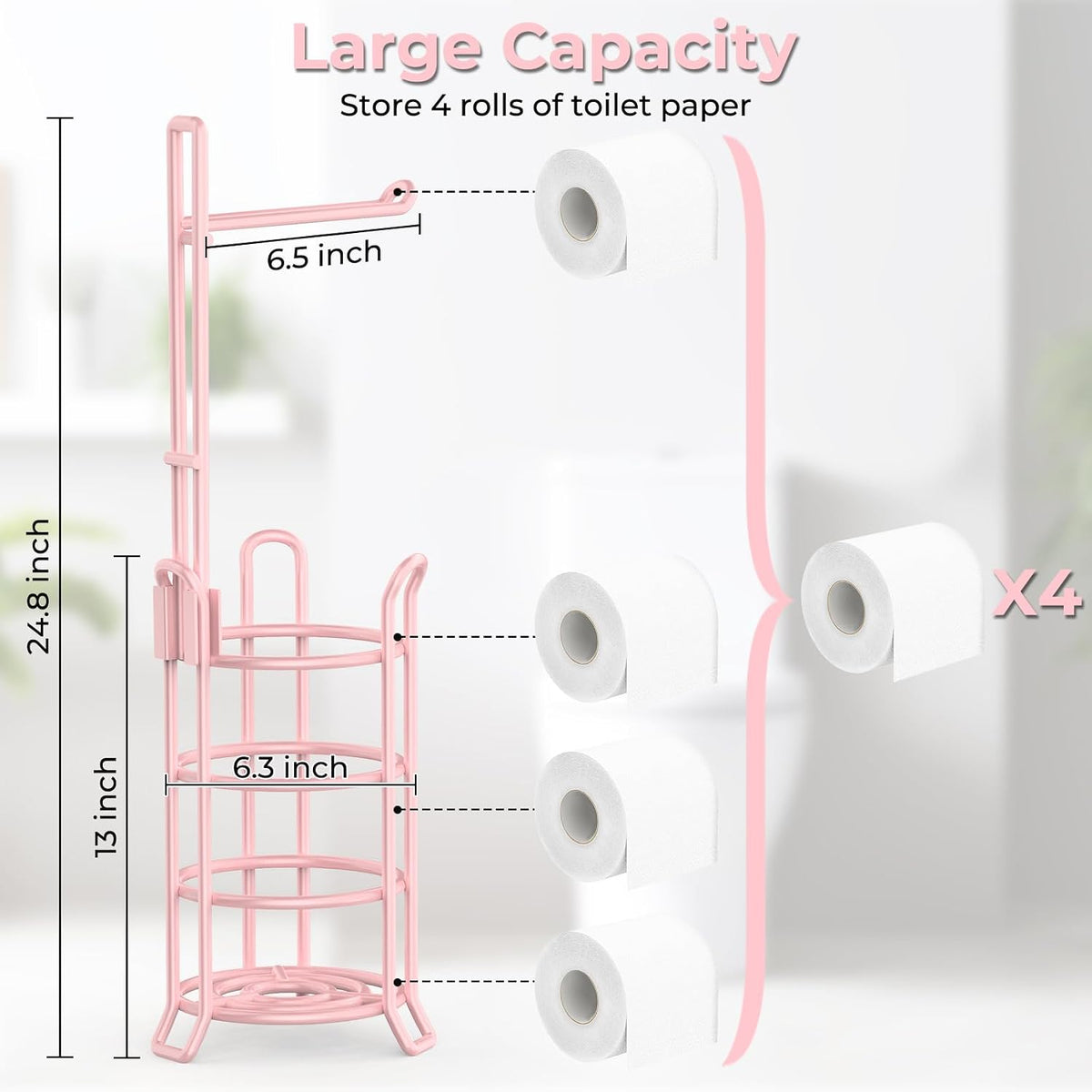 TomCare Toilet Paper Holder Stand Free Standing, Holds 4 Mega Rolls, Pink | Tool-Free Assembly, Detachable Metal Wire