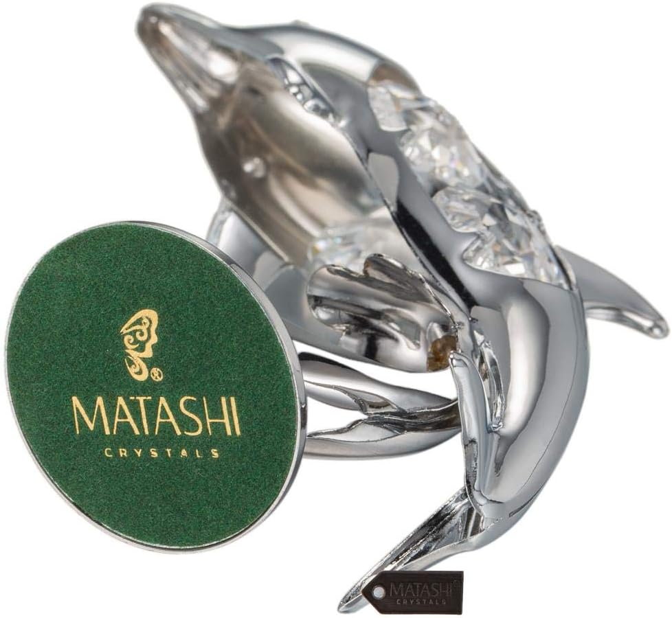 Chrome Plated Crystal Studded Dolphin Riding Wave Figurine Tabletop Ornament Decorative / Silver