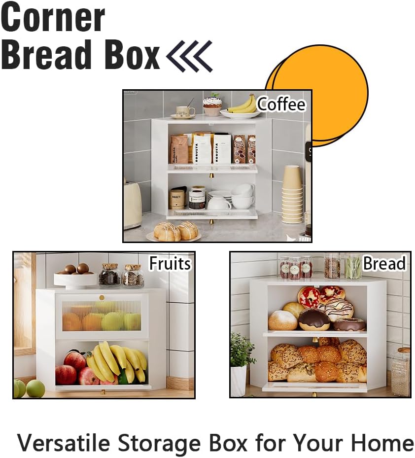 Trironsun Corner Bamboo Bread Box for Kitchen Counter Double Layer Bread Storage Container Large Capacity Bread Storage