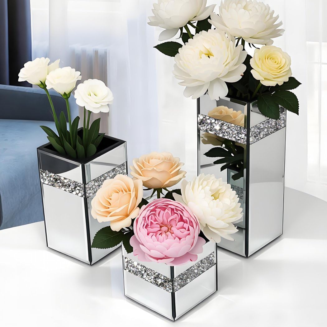 Crushed Diamond Mirrored Vase Pieces Small Middle Large. Crystal / 6 x 6 x 6 / Silver / Set of 3