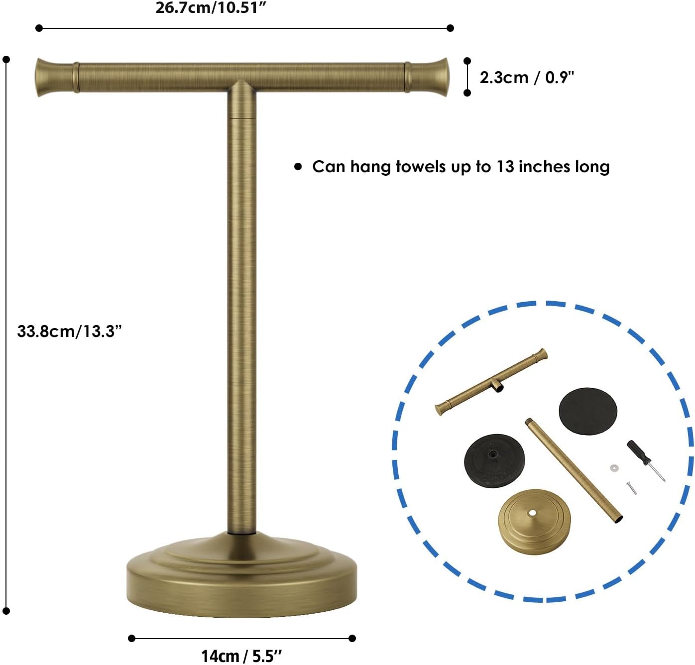 RUMOSE Antique Brass Hand Towel Holder Stand Countertop Towel Rack | 13 Inch Bathroom Kitchen Vanity T-Shape Towel