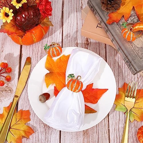 Whaline 6 Pcs Fall Pumpkin Napkin Rings Autumn Thanksgiving Napkin Holders Metal Napkins Buckle with Rhinestone for Family Gathering Wedding Party Dinner Table Setting Decor