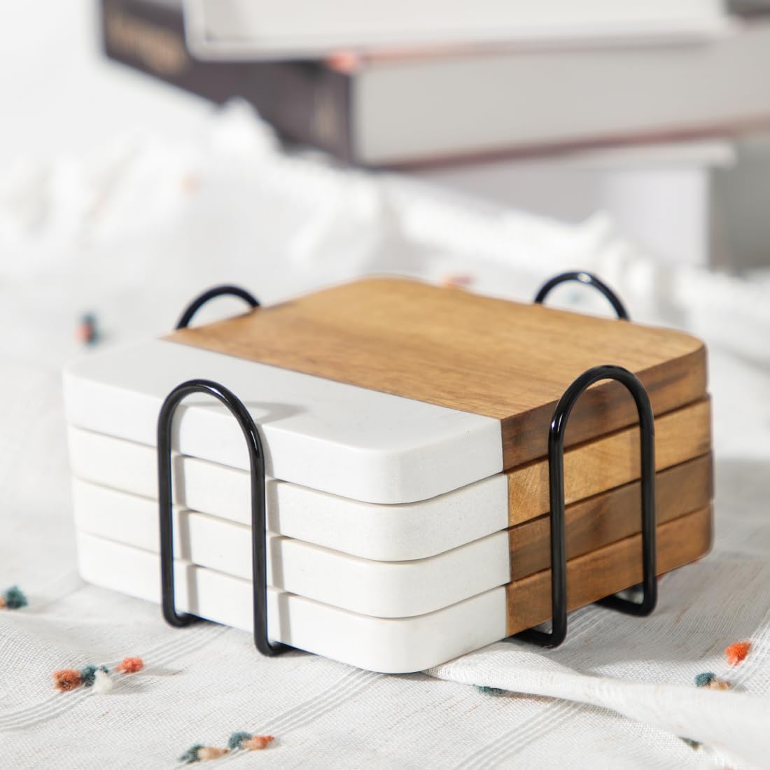 Holder / Acacia Wood Marble Coasters for Drinks / White Marble + Holder / Set of 4