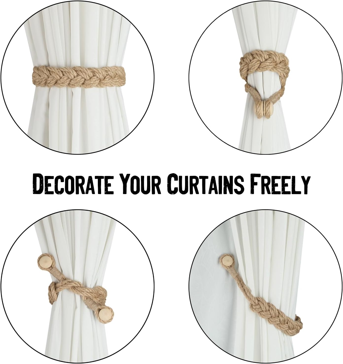 BEL AVENIR Jute Curtain Tiebacks Magnetic 4 Pack Woven Drapery Holdback | Handmade Curtain Ties, No Drill, for Outdoor