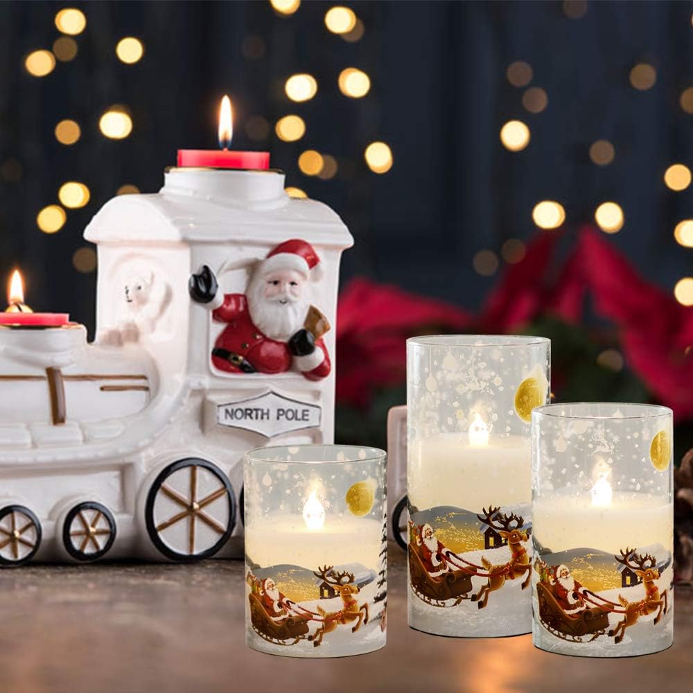 Santa Claus Glass Flameless Candles Battery Operated Remote and Timer Real Wax LED Flickering Pillar Candles White Cold