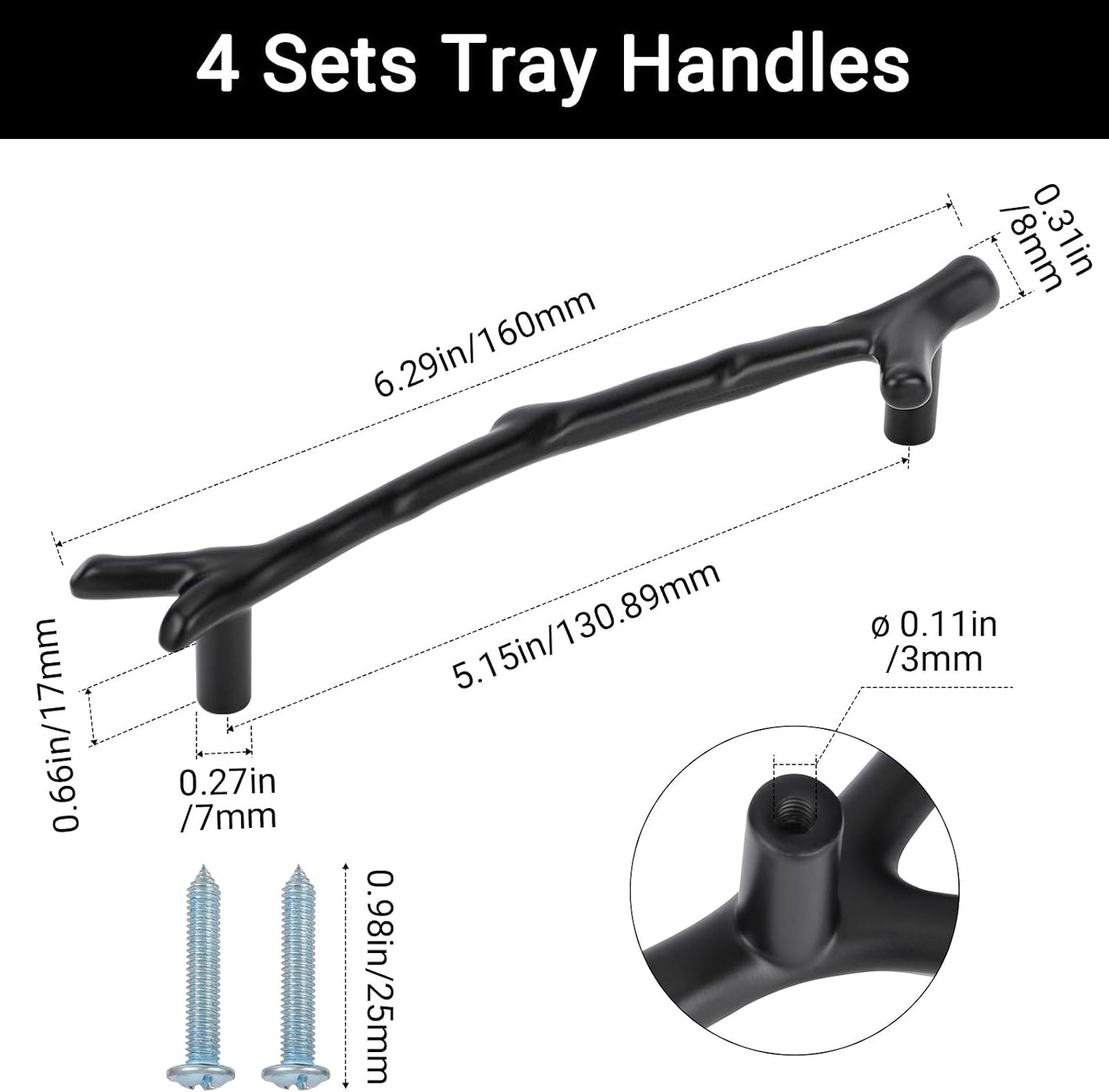 160mm Branches Shaped Metal Handles / Black / 160 Mm / Set of 4