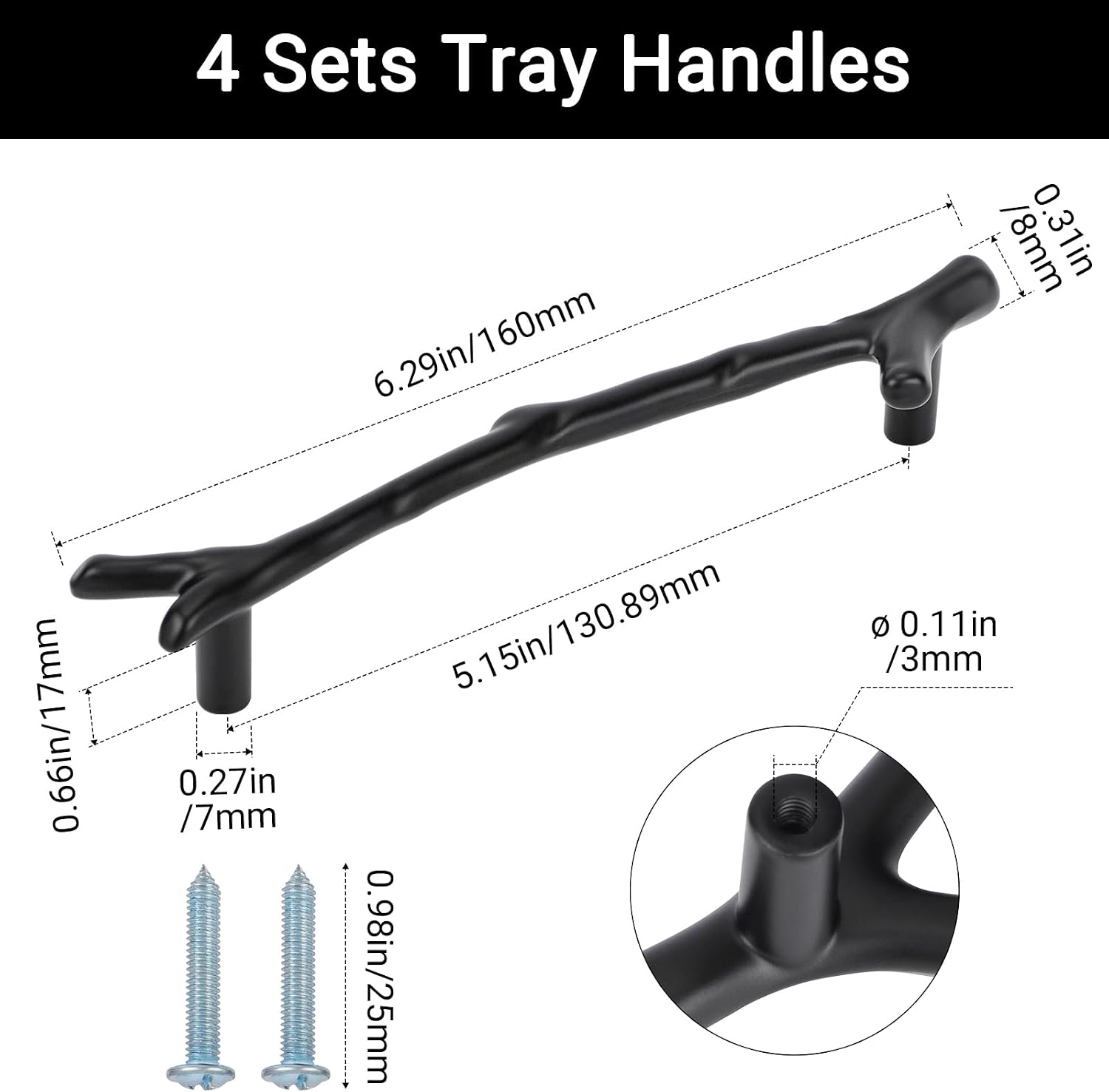 160mm Branches Shaped Metal Handles / Black / 160 Mm / Set of 4