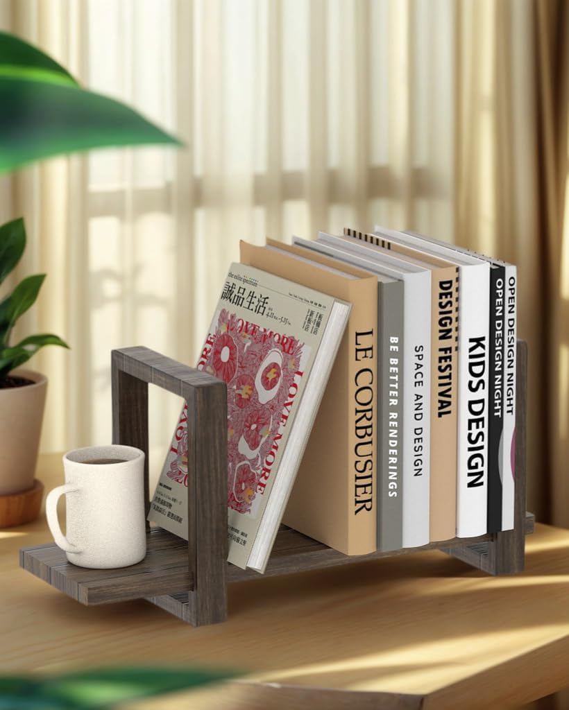 100% Solid Wood Adjustable Desktop Bookshelf, Retro Tabletop Bookshelf, Desk Shelf for Living Room, Home, Office