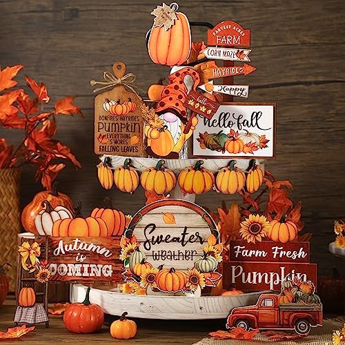 Dandat 16 Pcs Fall Tiered Tray Decoration Set for Autumn Home Table