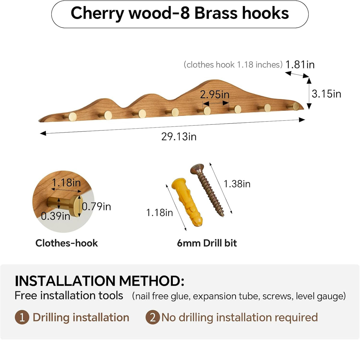Wall Coat Rack, Cherry Wood, 8 Hooks | Elegant, Solid Coat Hanger, Wall Mount with Brass Hooks, Moisture-Resistant Wax