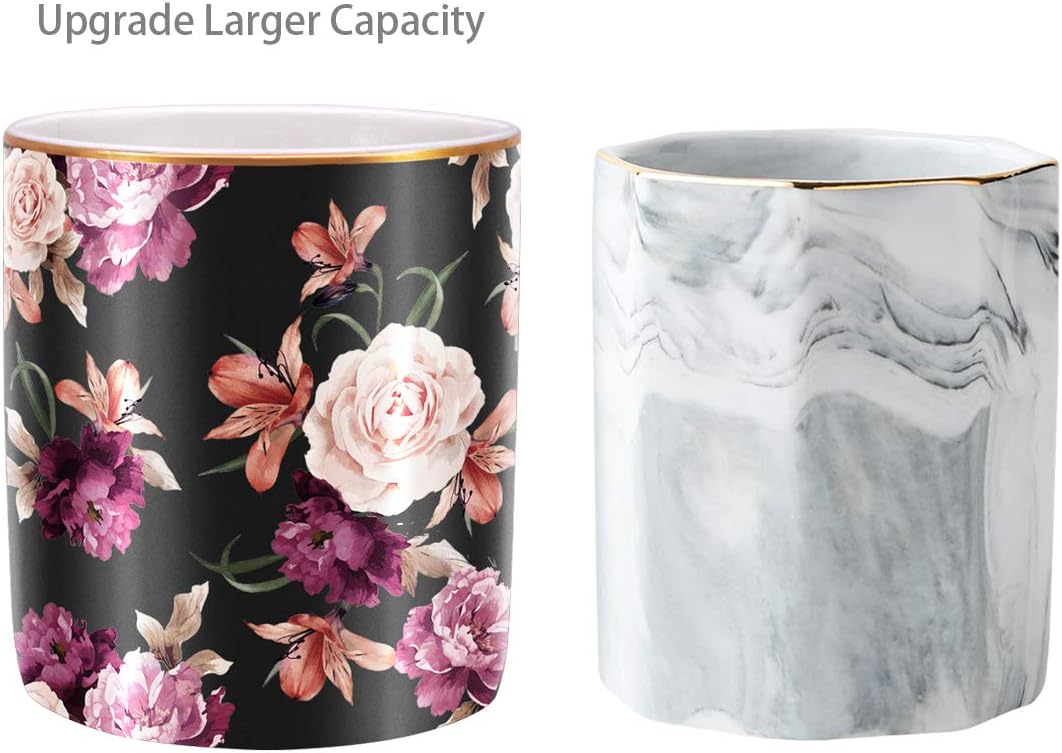 Floral Makeup Brush Holder Durable Ceramic Flower Design Desk Pencil / Black Flower