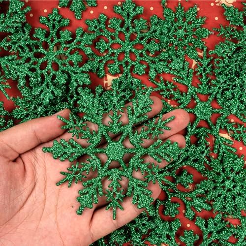 Dark Green Christmas Snowflake Ornaments- 36Pcs Plastic Glitter Hanging Snow Flakes for Christmas Tree Decorations Winter Wonderland Frozen Birthday Party Holiday Home Decor Craft Snowflakes