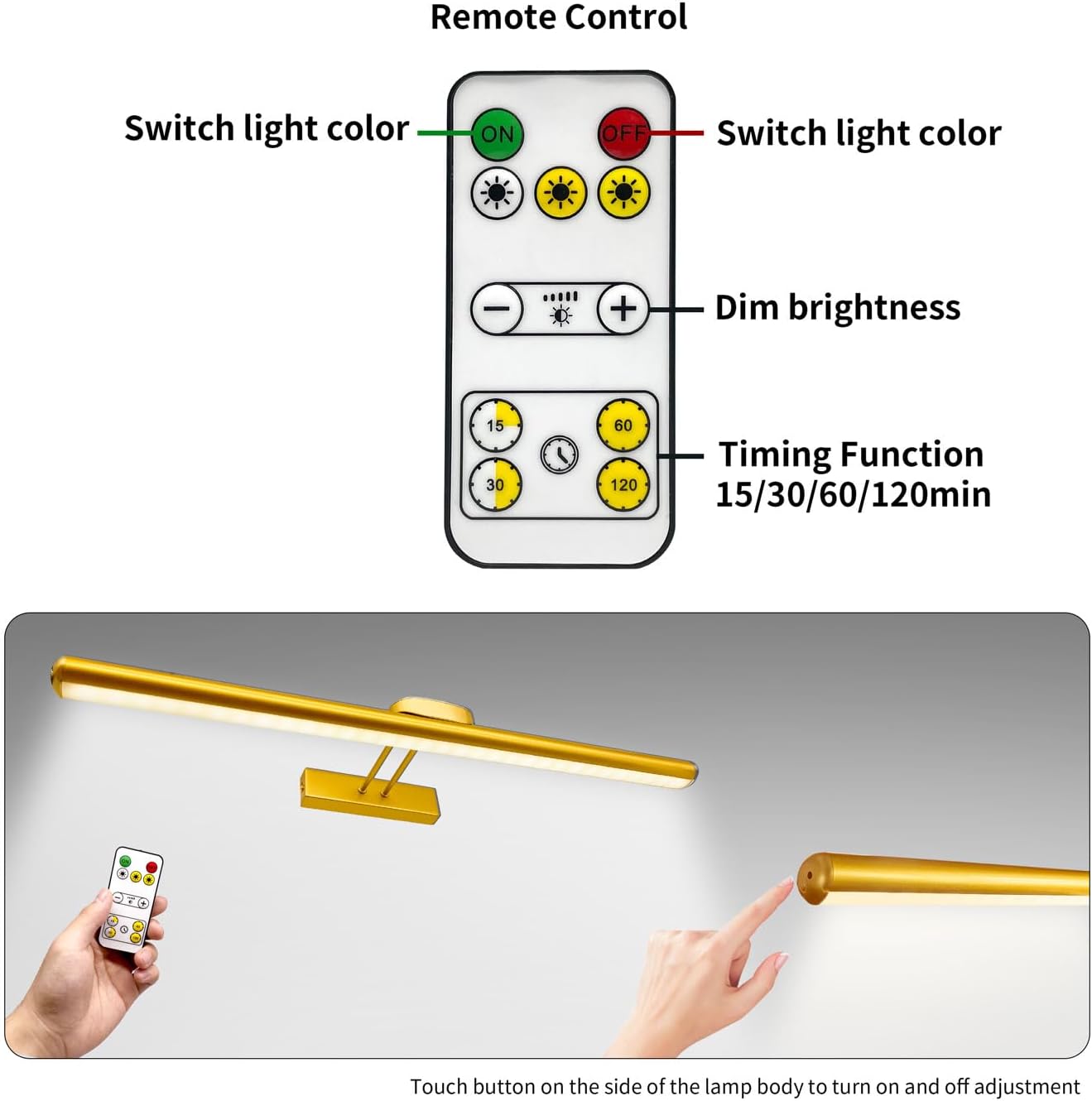 MQOUO 24.4" Wireless Picture Lights, Rechargeable Battery Art Display Light with Remote Control, Dimmable/Timer Off