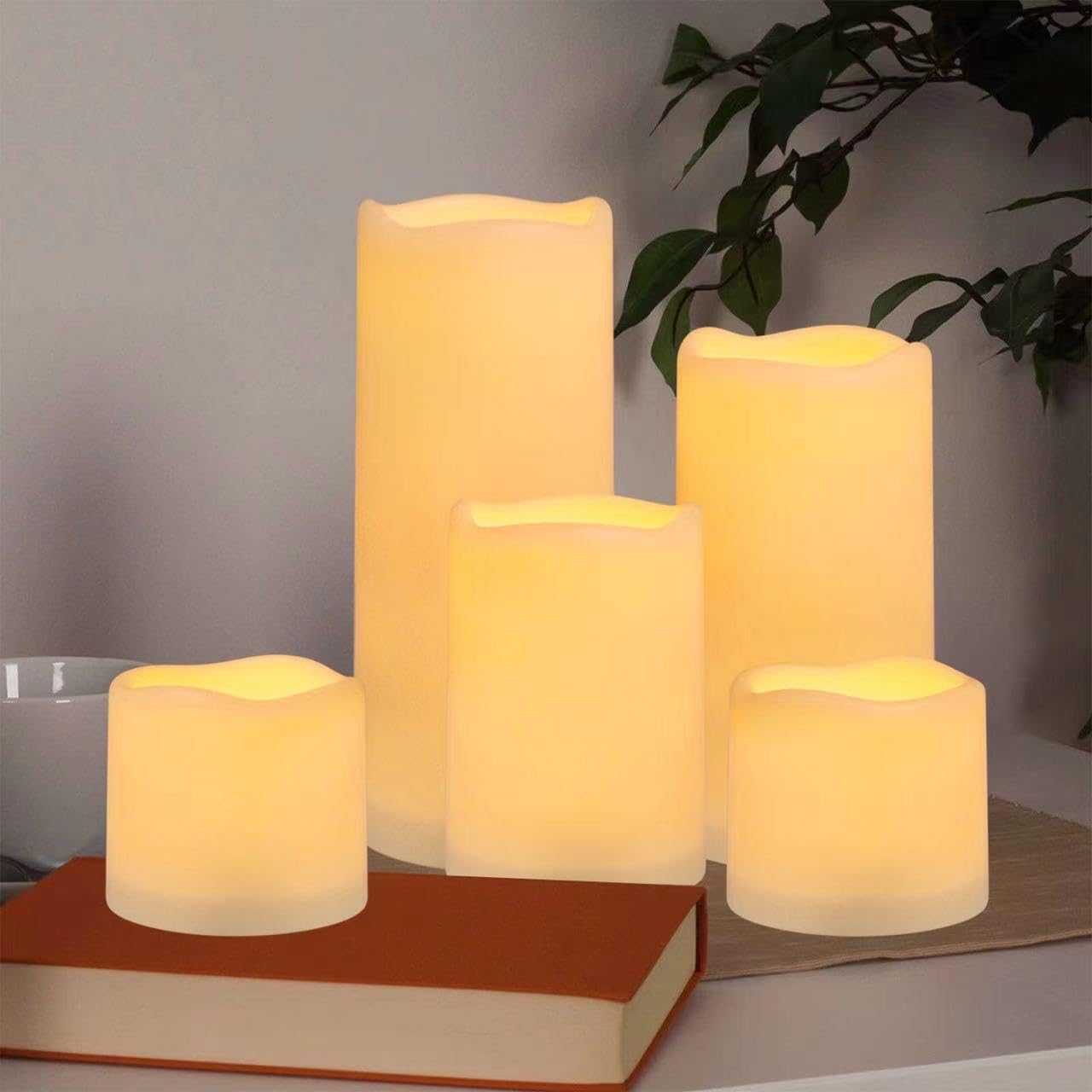 Flameless Battery Operated Outdoor Waterproof Set of 12(D: 3" x H: 3" 4" 5" 6") Pillar LED Candles with 10-Key Remote
