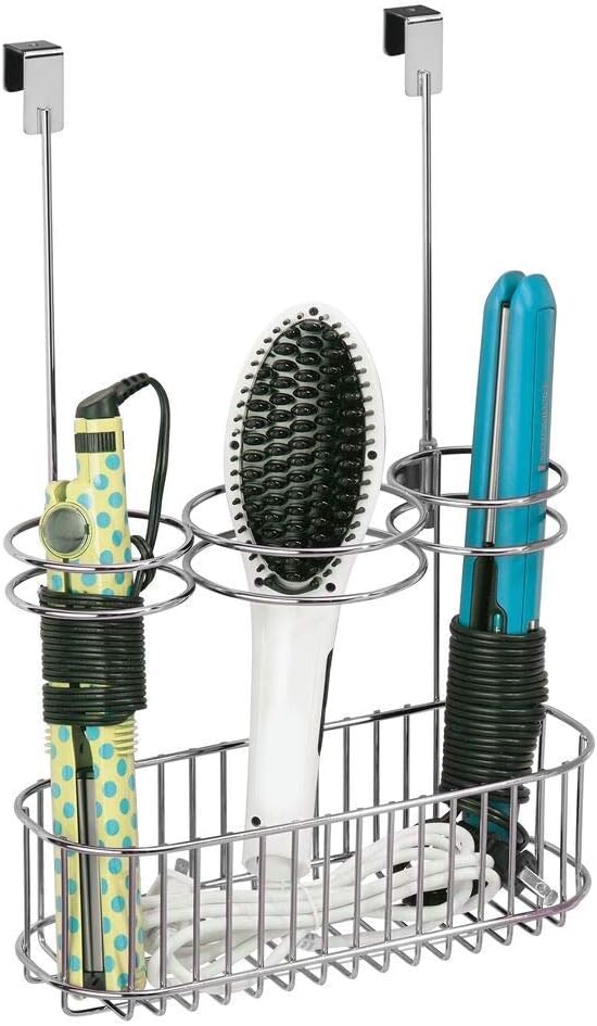 mDesign Over-Cabinet Hair Care Tools Holder for Hair Dryer, Flat Iron, Curling Wand, Straightener - Chrome