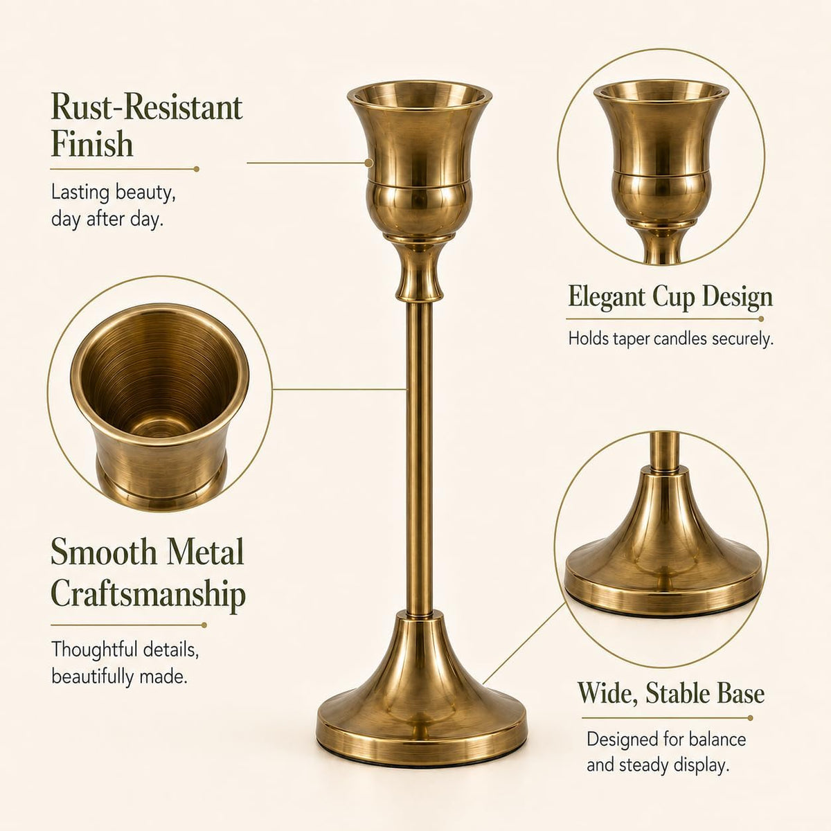 Brass Taper Candle Holders 4 Sets(12 Pcs) - Tall Metal Candlestick Holders for Table Centerpiece, Formal Dinner