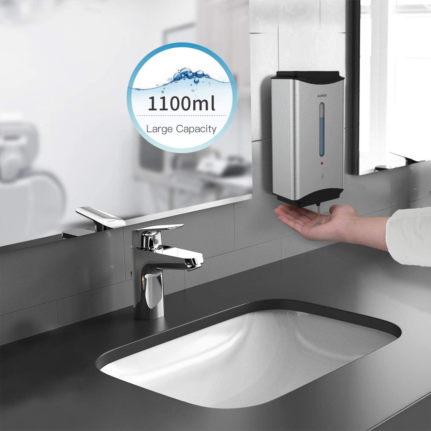 AIKE Heavy Duty Automatic Soap Dispenser,37oz for Bathroom,Brushed Steel | 5-Level and Savety Key for Commercial(4*AA