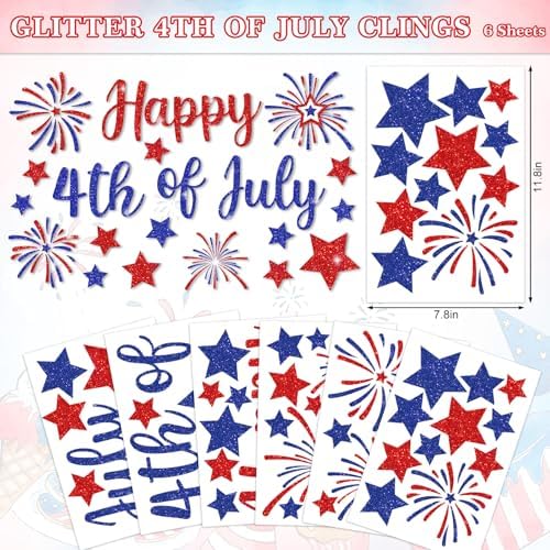 Whaline 6 Sheets Patriotic Window Clings Glitter Happy 4th of July Reusable Window Decals Red Blue Star Firework Glass Sticker for 250th Anniversary Independence Day Memorial Day Home Party Decor