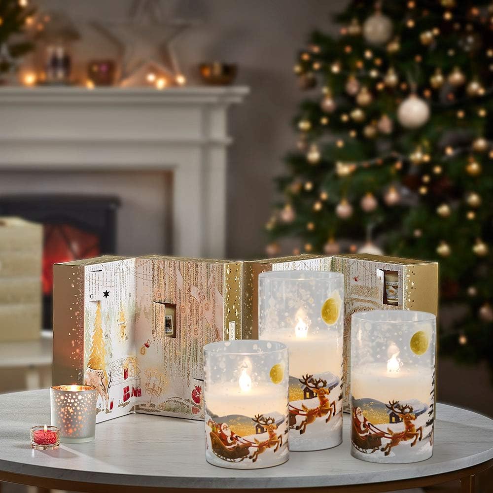 Santa Claus Glass Flameless Candles Battery Operated Remote and Timer Real Wax LED Flickering Pillar Candles White Cold