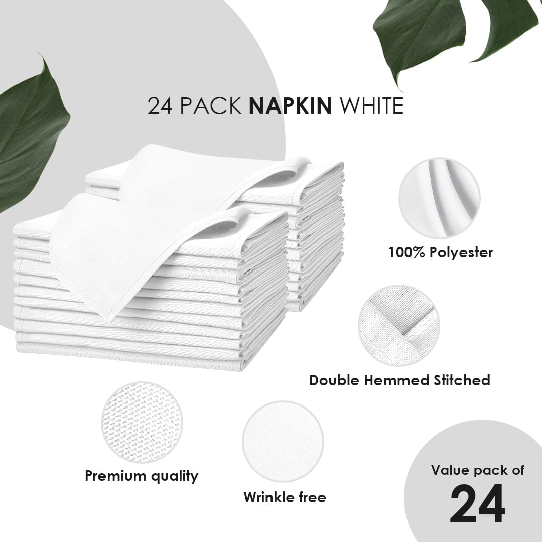 White Cloth Napkins Bulk (Pack of 24) - 100% Polyester Dinner Linen Napkins Cloth Washable & Reusable - Durable with