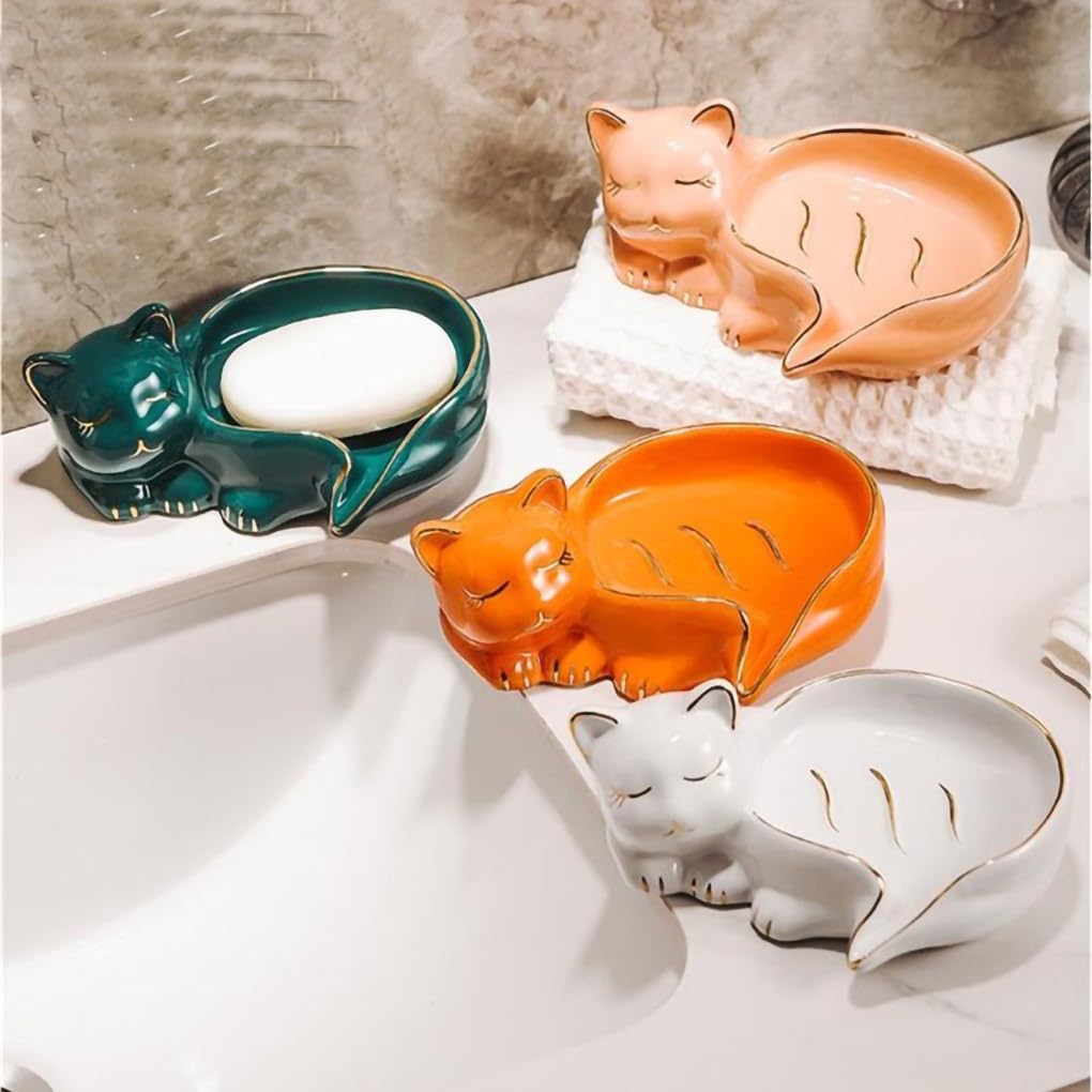 Creative Cat Soap Holder Ceramic Soap Dish Self Draining Soap Holder Decorative Soap Dish / White
