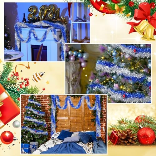 Shappy 90 ft 6 Rolls Christmas Tinsel Garland for Tree, Blue, Sliver