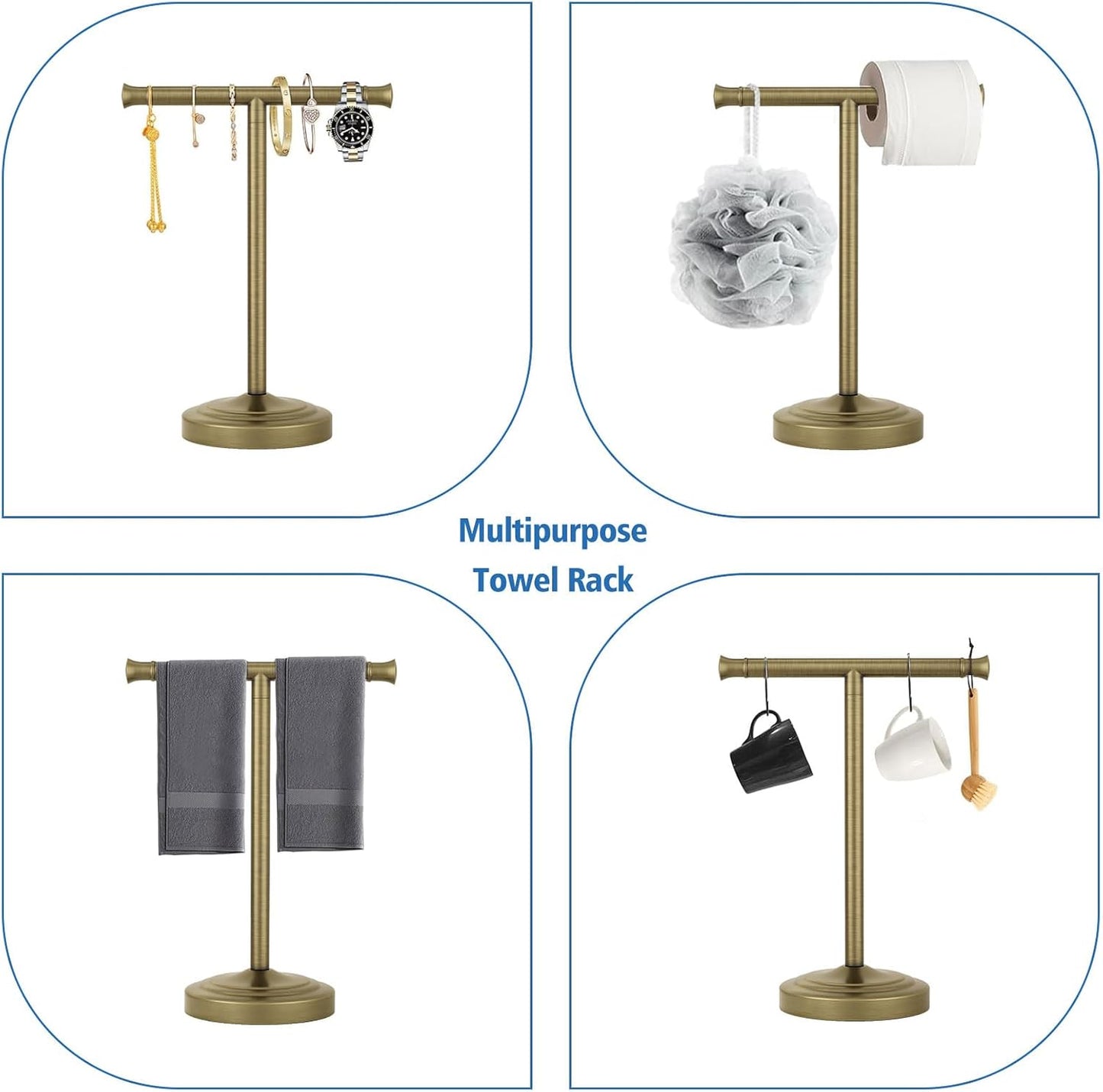 RUMOSE Antique Brass Hand Towel Holder Stand Countertop Towel Rack | 13 Inch Bathroom Kitchen Vanity T-Shape Towel