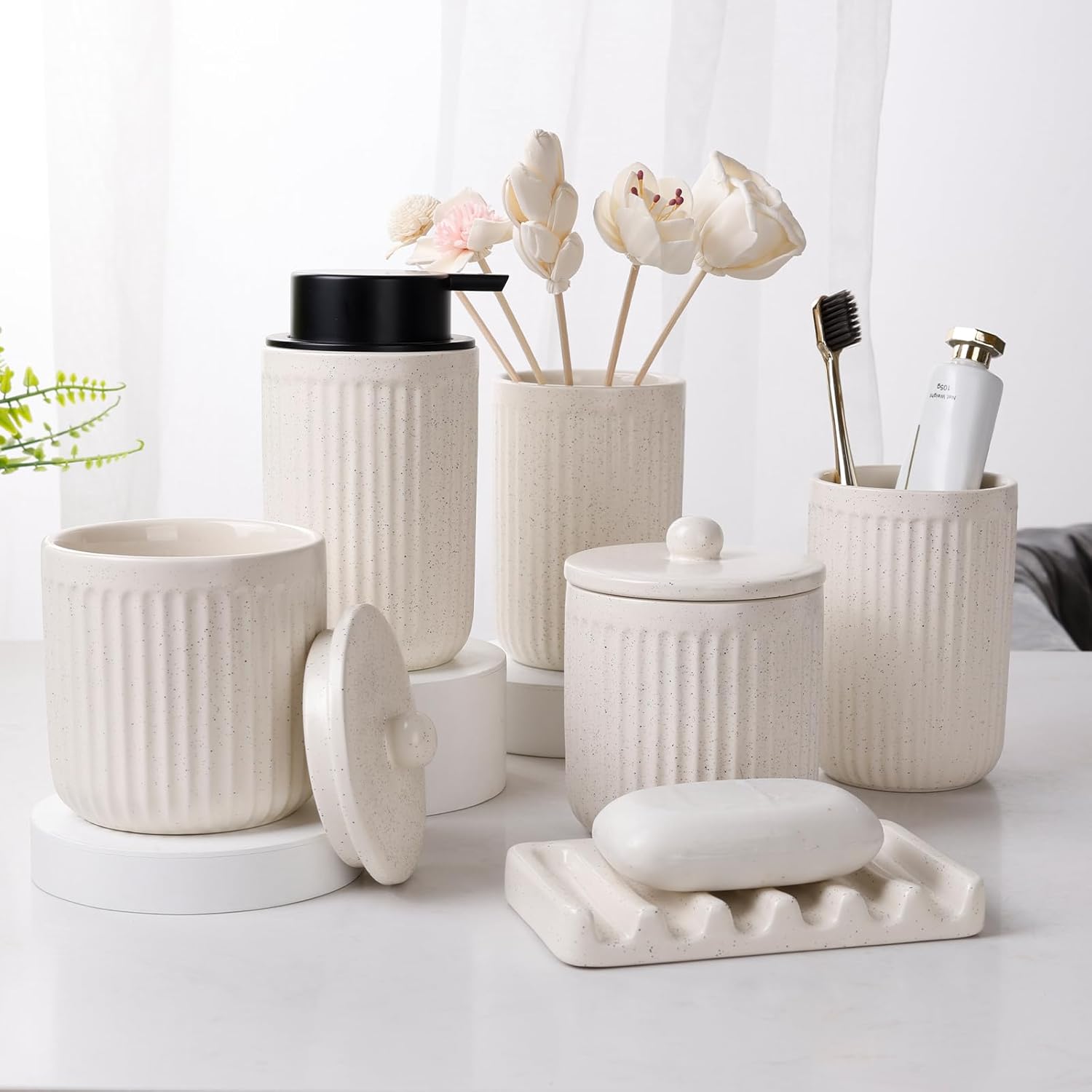 BosilunLife Striped Beige Ceramic Bathroom Accessories Set of 4 | Bathroom Decor Sets Accessories Bathroom Lotion Soap