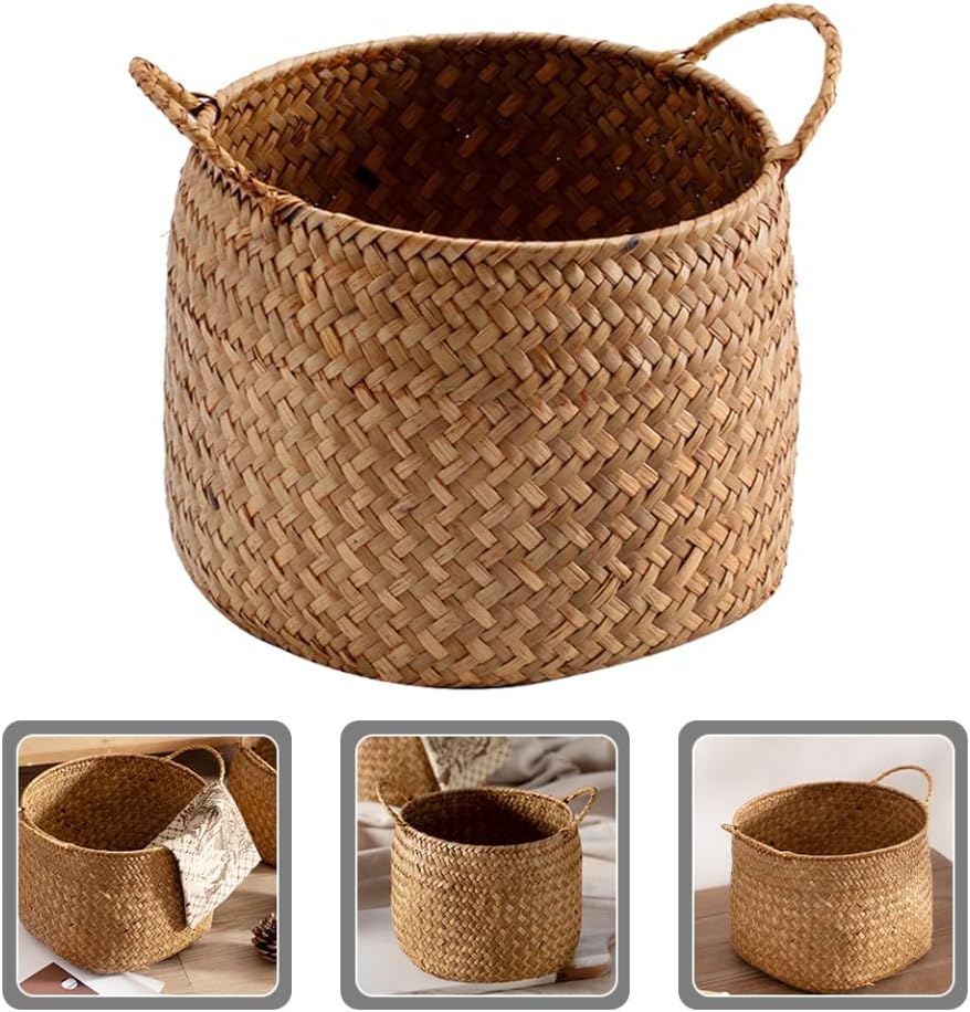 Japanese Style Woven Storage Basket Handles Handcrafted Decorative Organizer for Cosmetics Flower