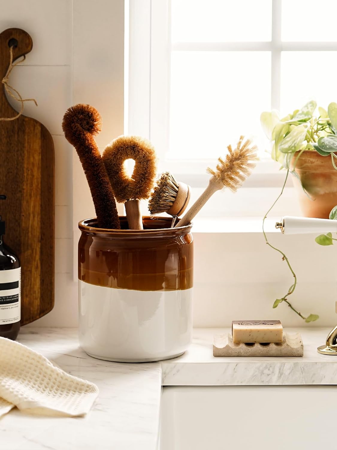 LE TAUCI Kitchen Utensil Holder for Countertop, Ceramic Utensil Crock Set of 2, Rustic Brown Holder for Spatulas