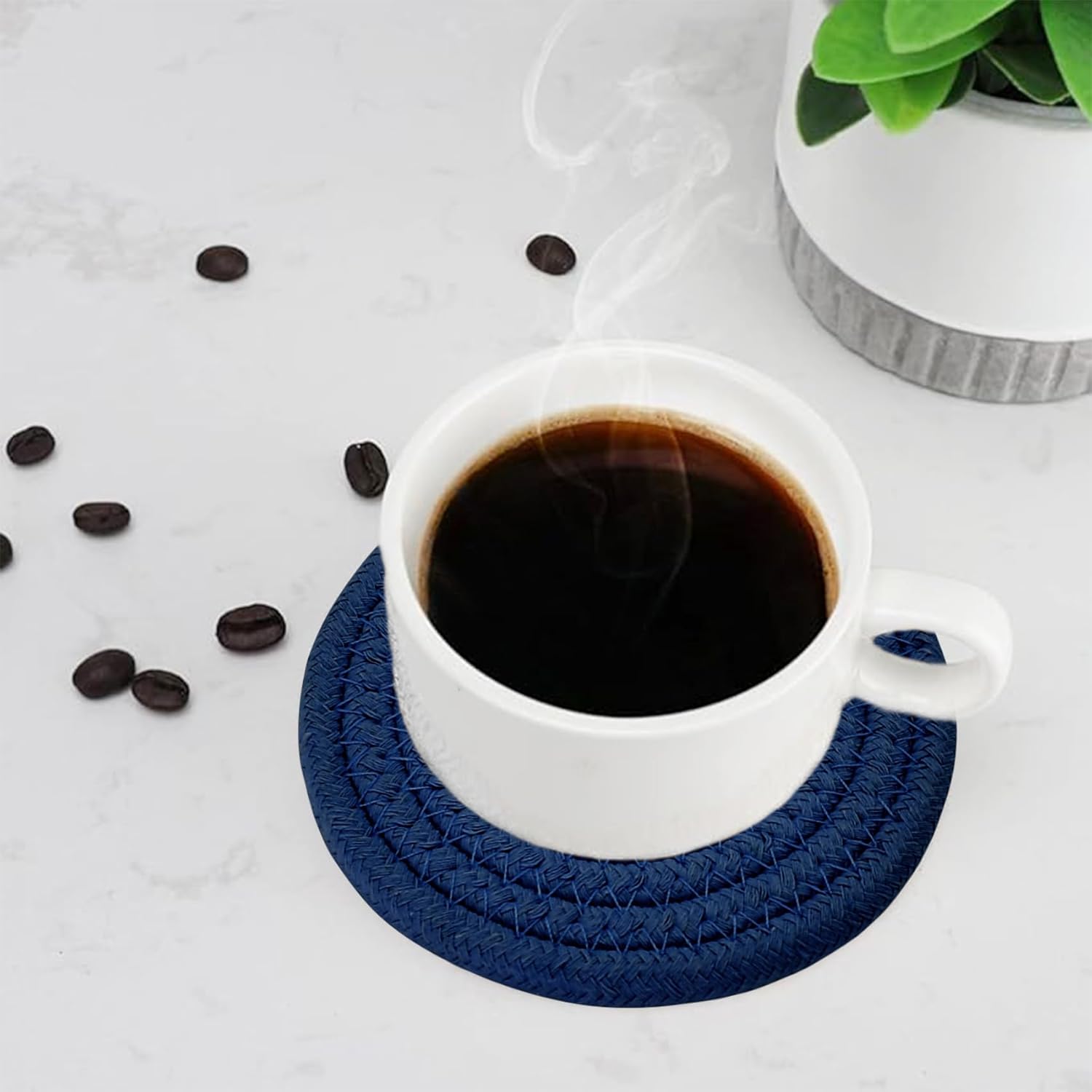 Holder / Cotton Woven Absorbent Coasters for Drinks / Navy Blue / Set of 8