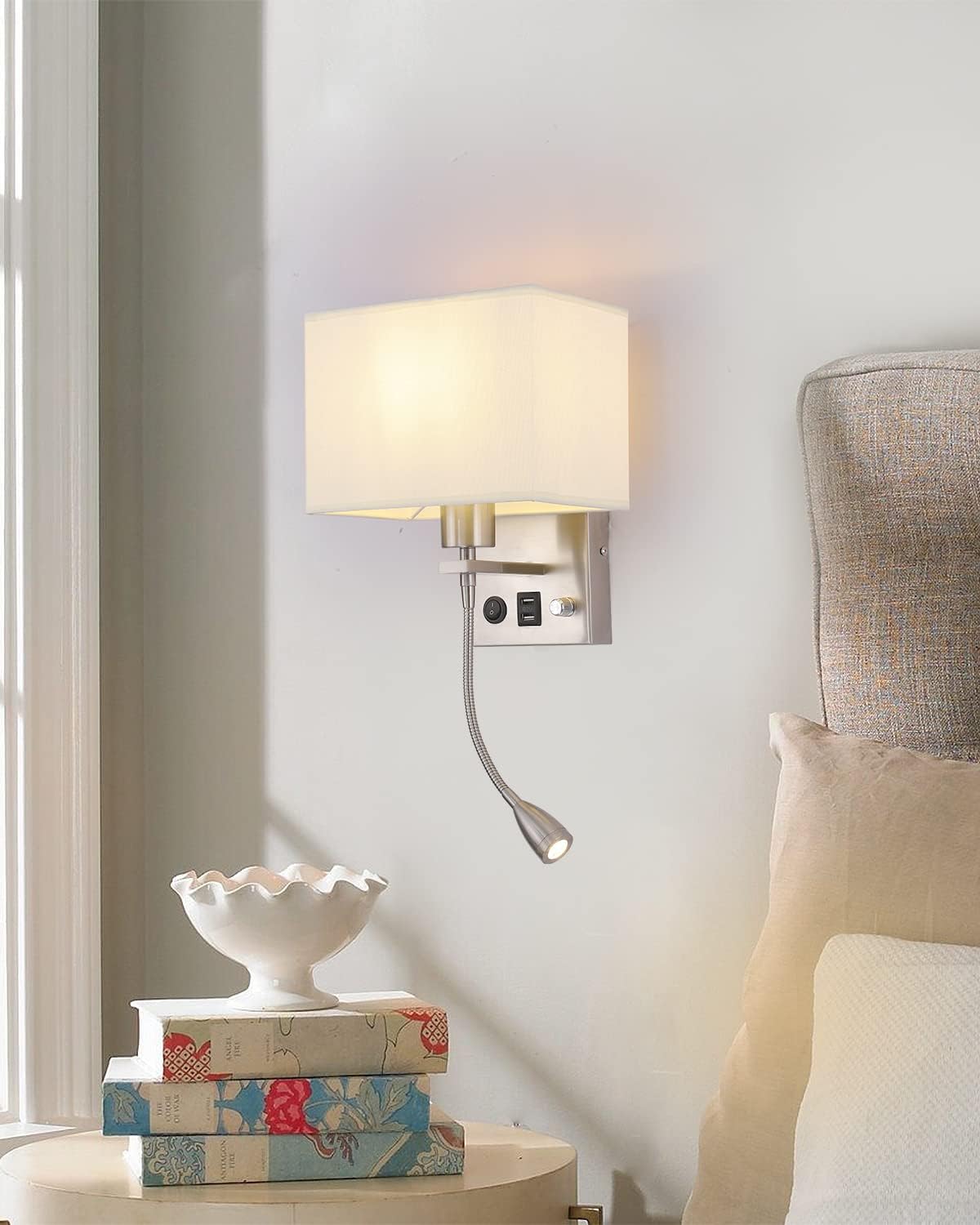 Wall Sconce Plug in Set of 2, Bedside Wall Mount Reading Lights | Bedroom Wall Lighting Fixtures With LED Reading Lamp
