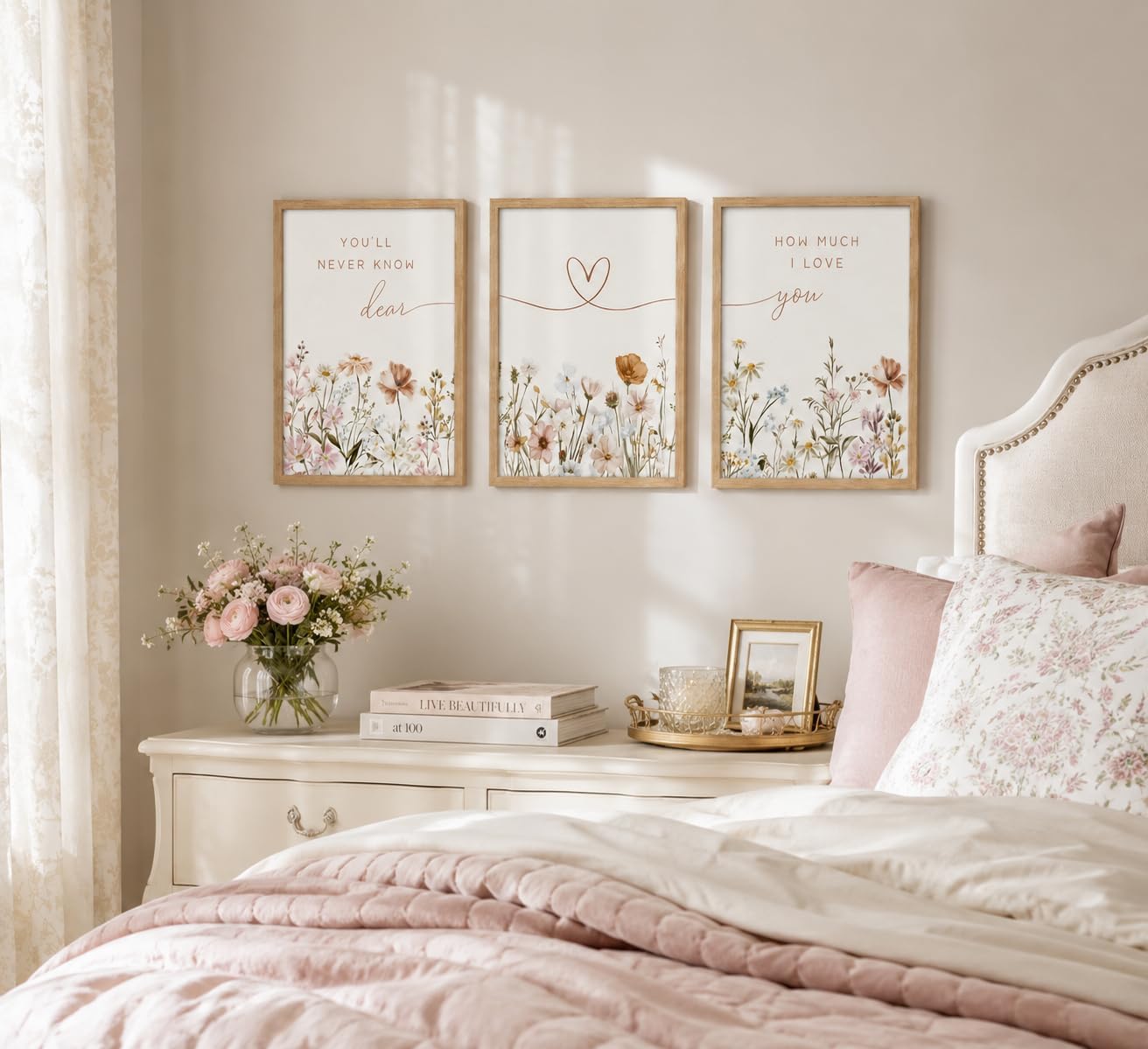Framed Boho Nursery Wall Art Flower Botanical Sentence / Framed Wood Color / 16L" x 12W / Set of 3