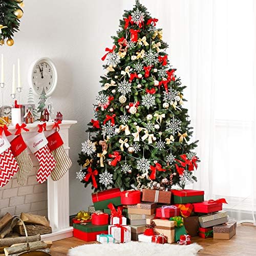 Whaline 40Pcs Silver Glitter Snowflake Winter Snowflake Ornaments Christmas Hanging Decorations with 197 Inches Silver Rope for Wedding Birthday Home Xmas Tree Window Door Accessories