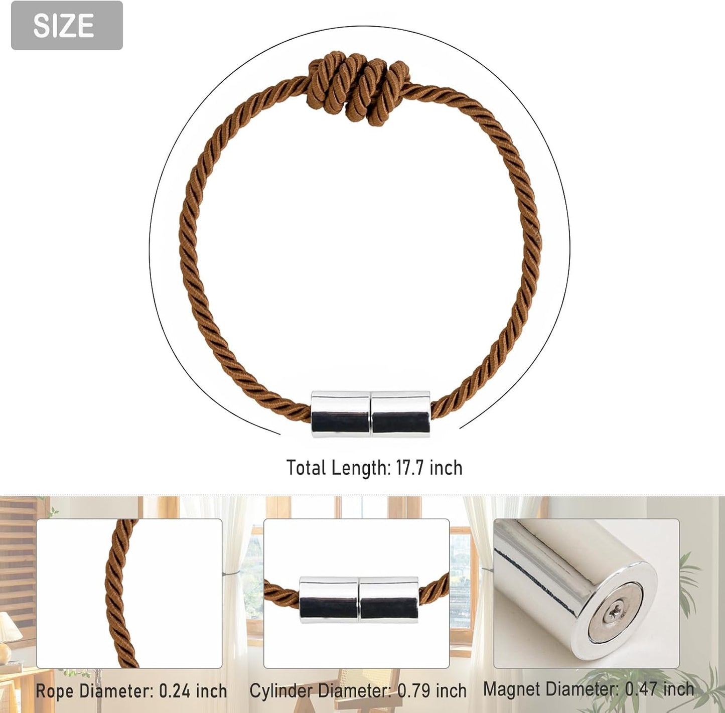 Curtain Tiebacks Magnetic Decorative Rope Tie Backs Holdbacks Contoeey | 8 Pack Khaki Modern Elegant Window Treatment