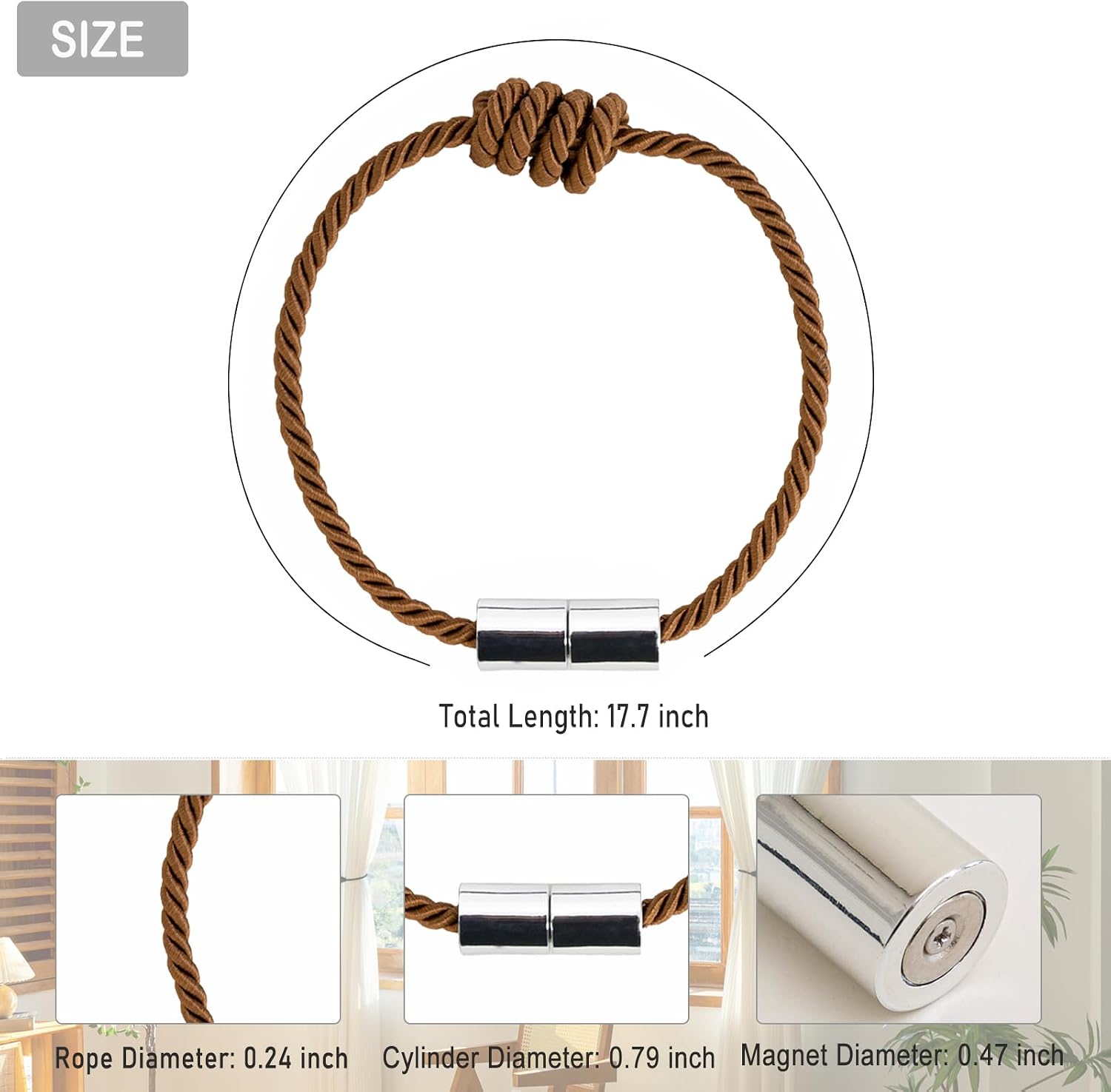 Curtain Tiebacks Magnetic Decorative Rope Tie Backs Holdbacks Contoeey | 8 Pack Khaki Modern Elegant Window Treatment