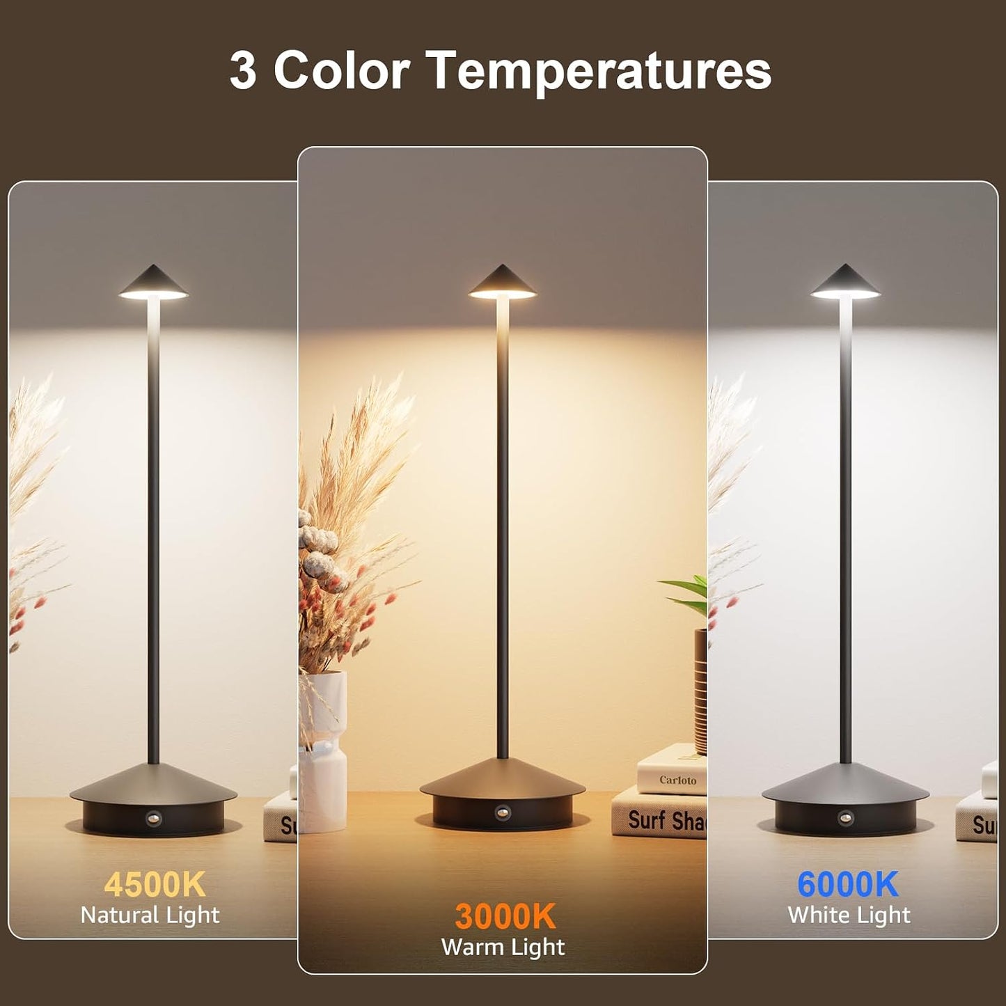 Cordless LED Table Lamps,Portable Battery Desk Lamp,2 Pack,Black | 6000mAh Rechargeable,3000K/4500K/6000K Touch