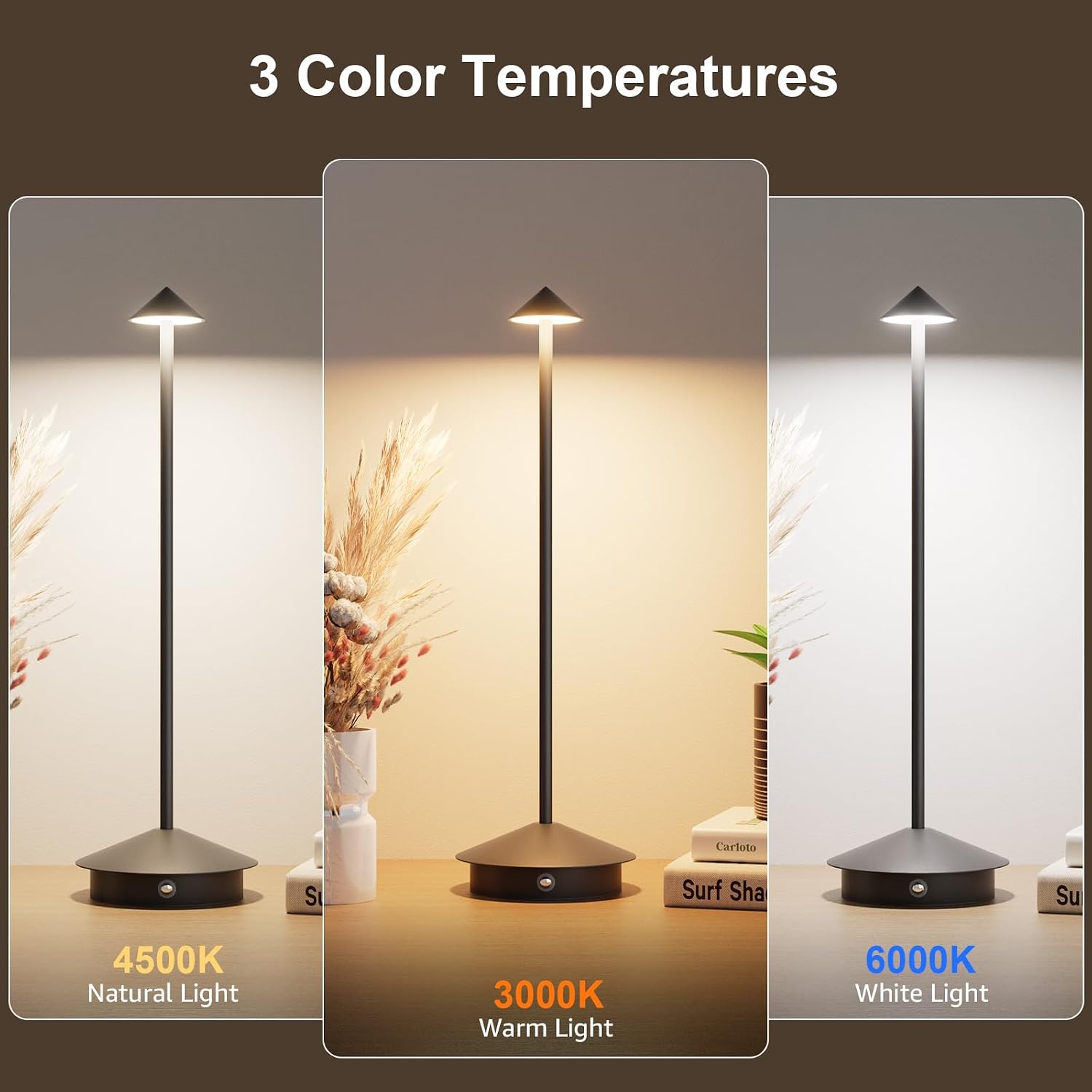 Cordless LED Table Lamps,Portable Battery Desk Lamp,2 Pack,Black | 6000mAh Rechargeable,3000K/4500K/6000K Touch