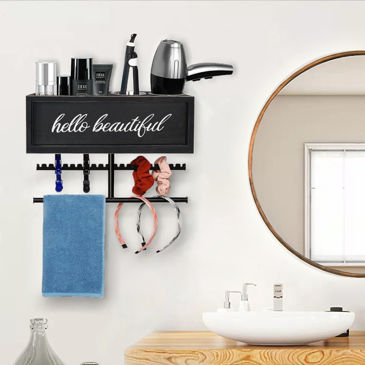 Rustic Hair Dryer Holder Wall Mounted,Hair Styling Tools & Accessories Organizer,Bathroom Supplies & hot Tools vanities