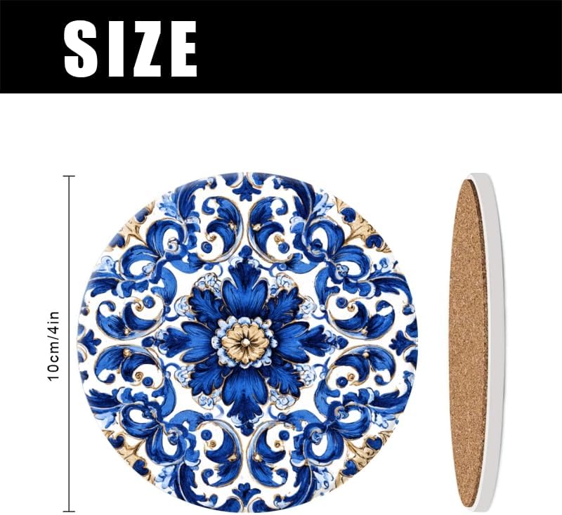 Holder and White Porcelain Coasters / 4in/10cm / Color-3 / Blue / Set of 6