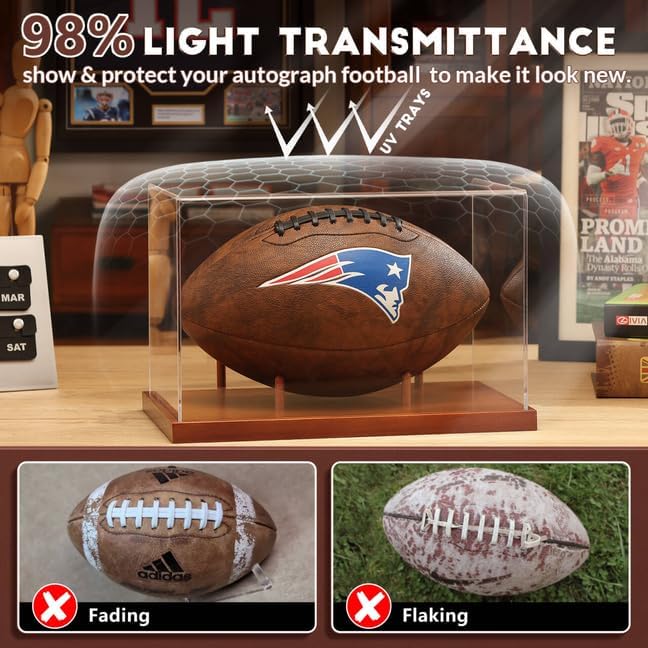 Football Display Case Full Size, Acrylic Clear Box with Wood Stand, UV Protected Memorabilia Holder, for Football Fans