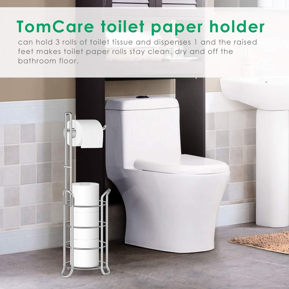 TomCare Toilet Paper Holder Stand Free Standing, Holds 4 Mega Rolls, Silver | Tool-Free Assembly, Detachable Metal Wire