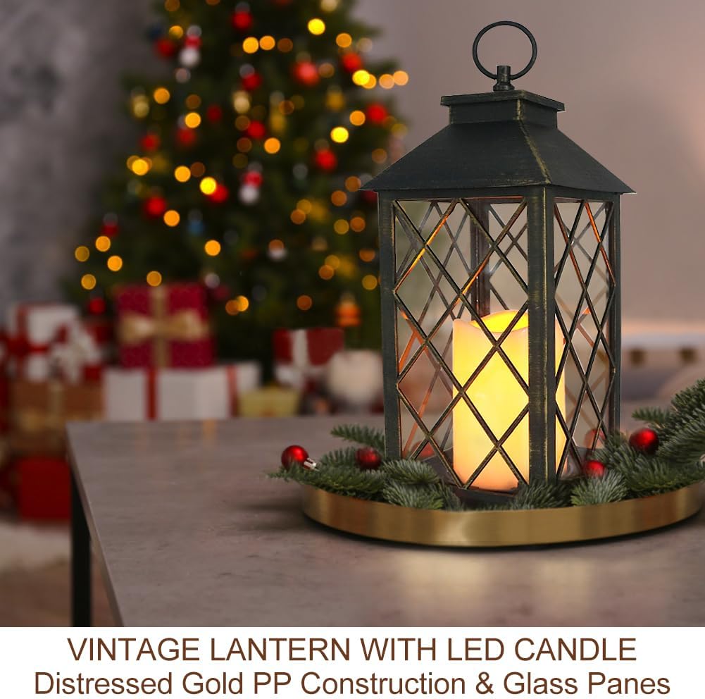 13.5" Outdoor Candle Lantern Decorative with LED Pillar Candle Battery Powered (Distressed Gold, 6hr Timer) - IP44