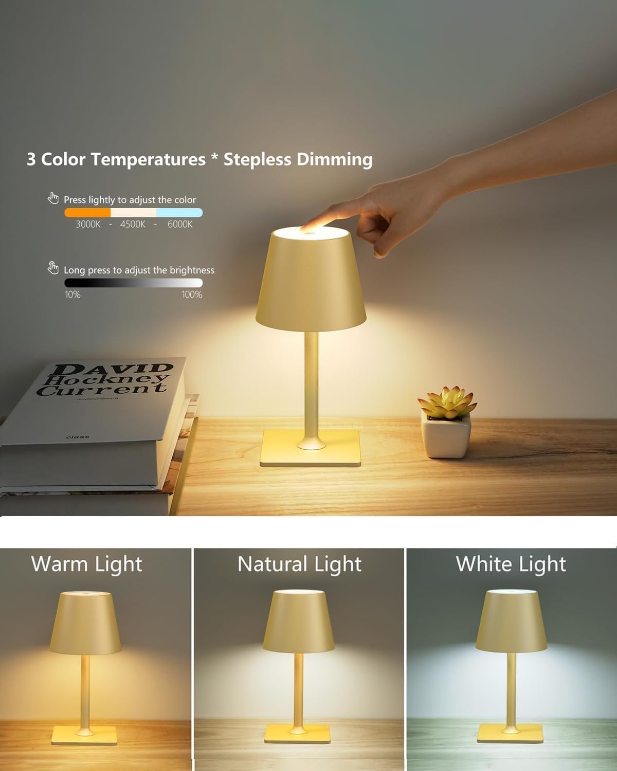 Fizrice Rechargeable Table Lamp 2 Pack Gold Cordless Battery Operated | 6000mAh touch control portable lighting with