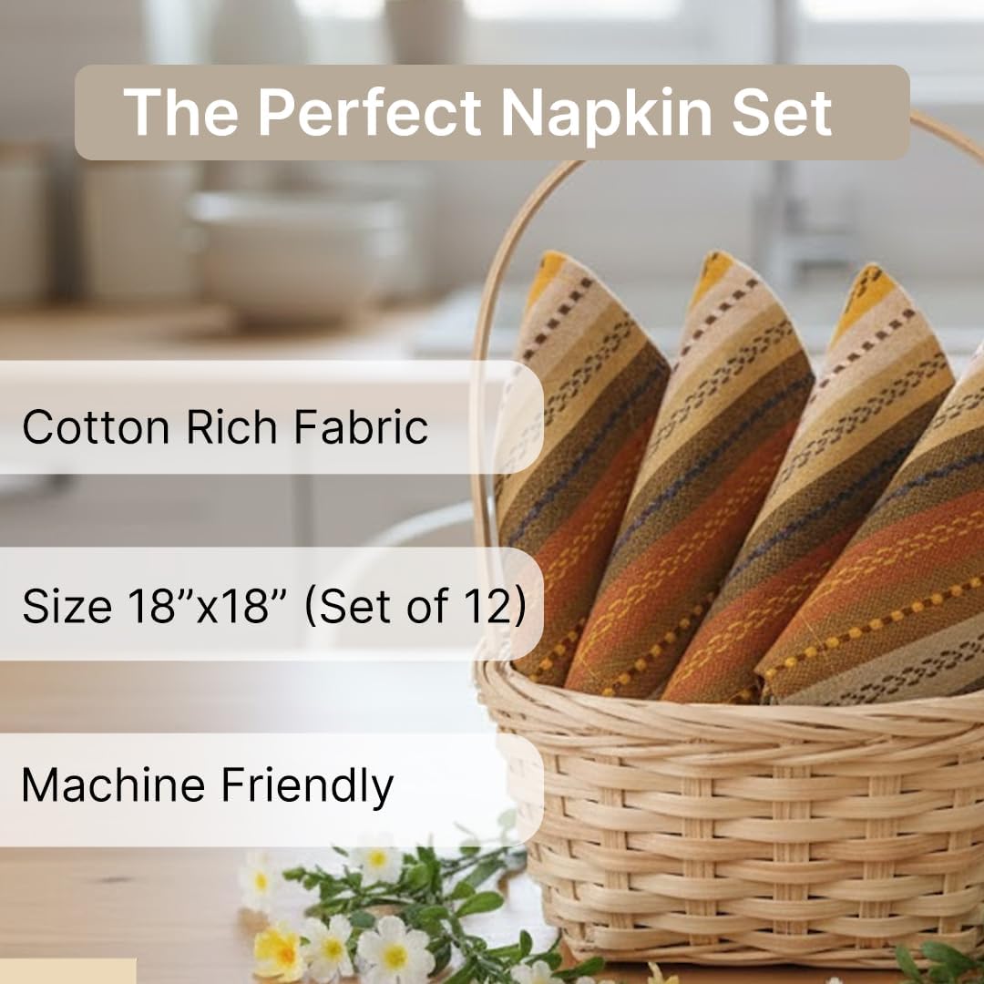 LFH Home Cotton Rich Cloth Salsa Napkin Set of 12 Washable Soft Durable Striped Table Napkins for Dining Wedding, Daily
