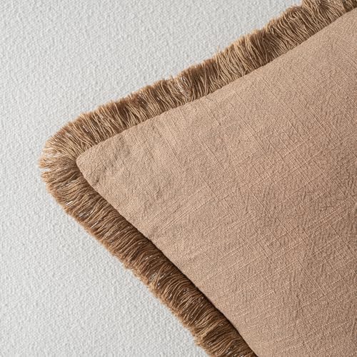 MIULEE Linen Fringe Decorative Fall Euro Throw Pillow Covers Brown 22x22