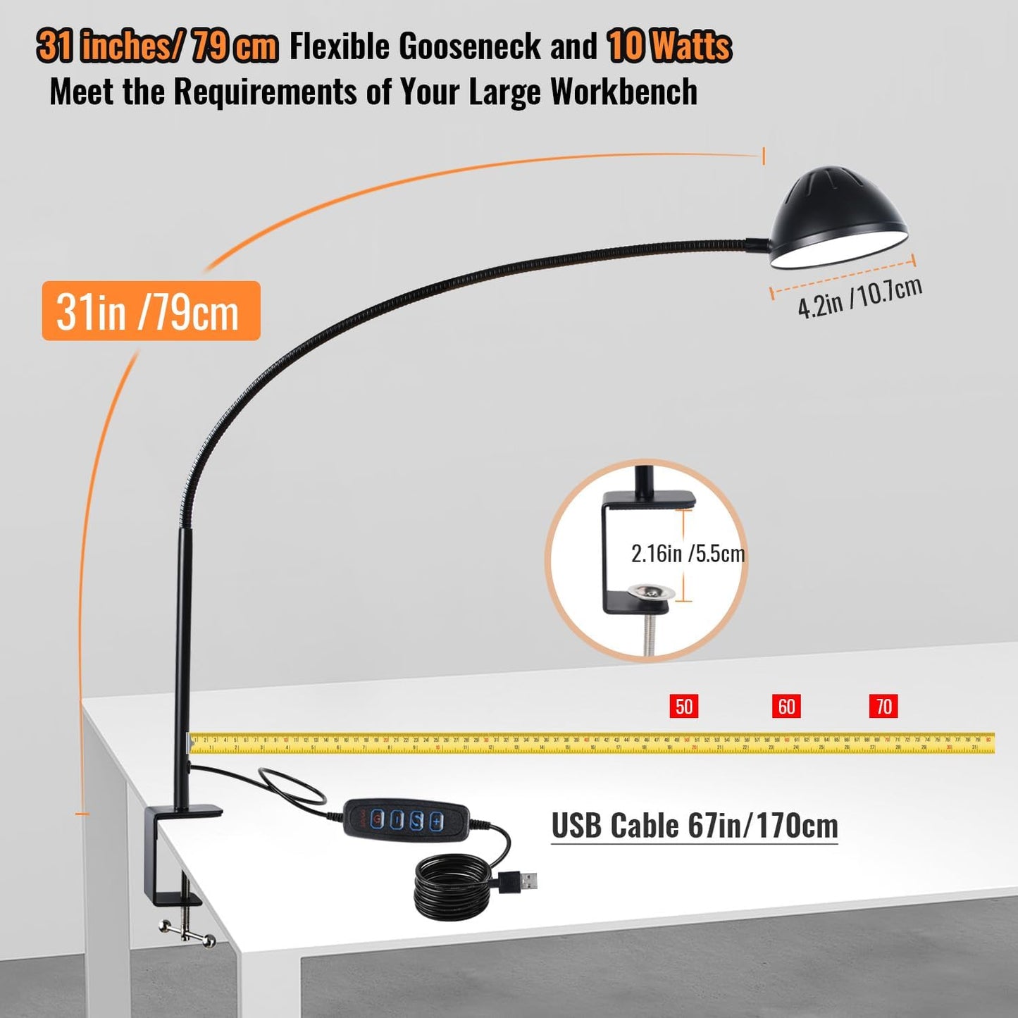 Long Gooseneck Clamp Lamp, Clip Desk Lamp with Clamp, 10W, 1100 LMS, 3 Color Modes, 10 Brightness Levels, 31 Inches